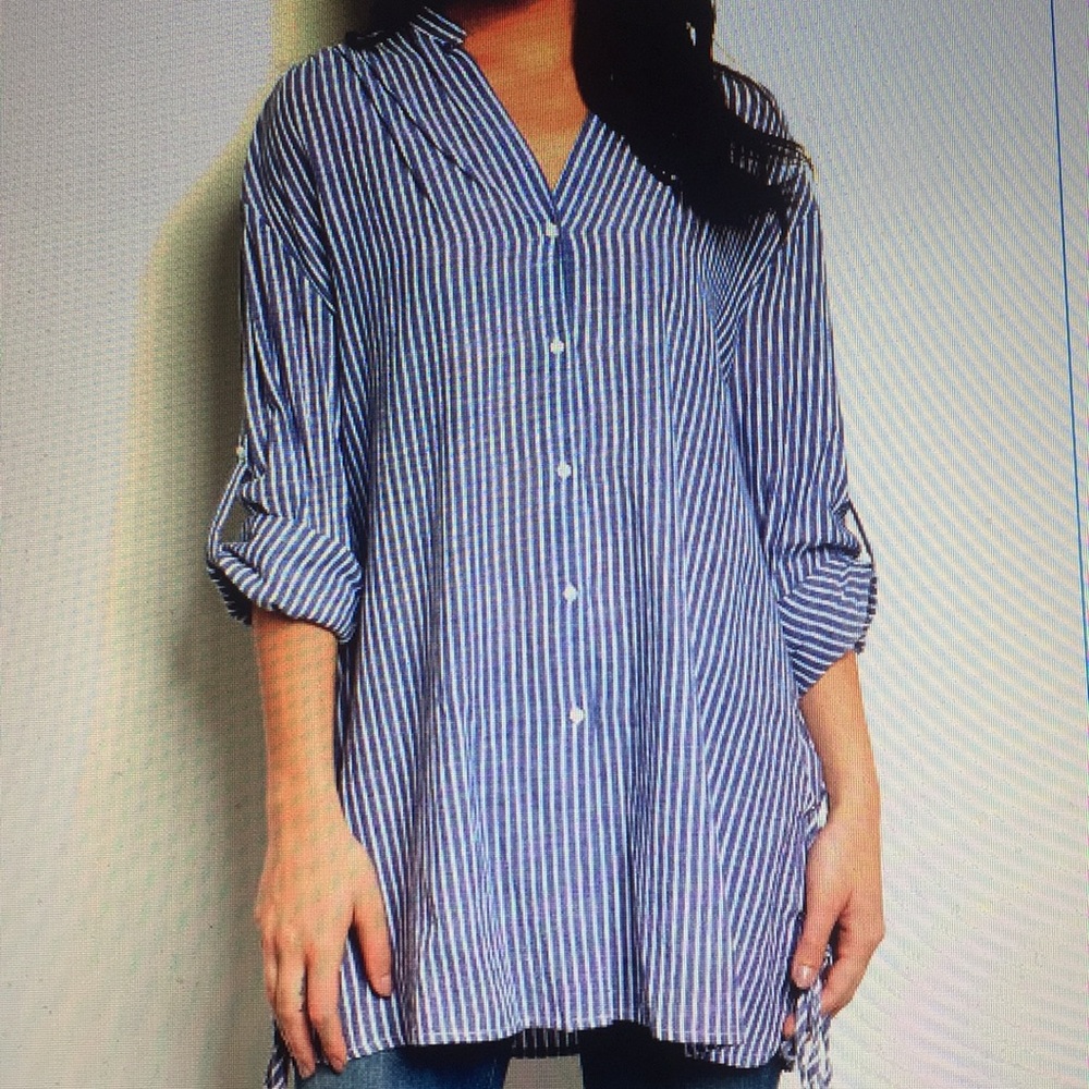 Navy striped button front top